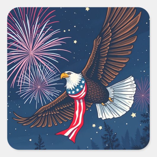 Flying Bald Eagle mit USA Flag Scarf & Fireworks Quadratischer Aufkleber (Vorderseite)