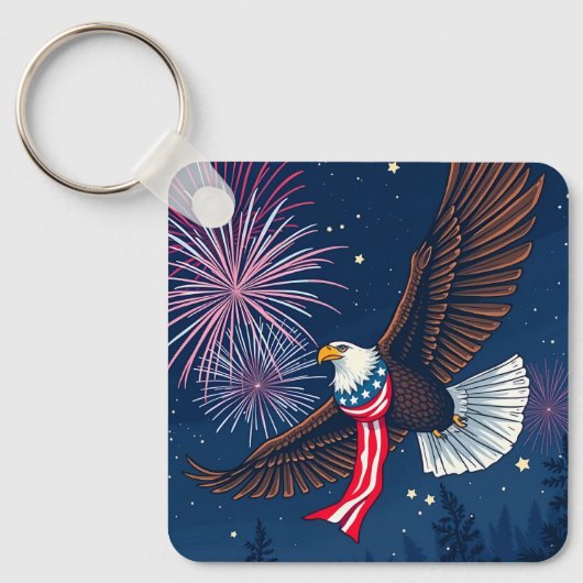 Flying Bald Eagle mit USA Flag Scarf & Fireworks Schlüsselanhänger (Vorderseite)