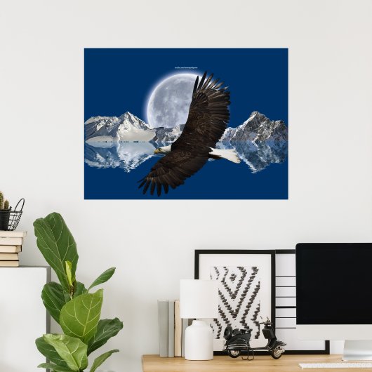 Flying Bald Eagle, Mountain & Moon Art Poster (Heimbüro)