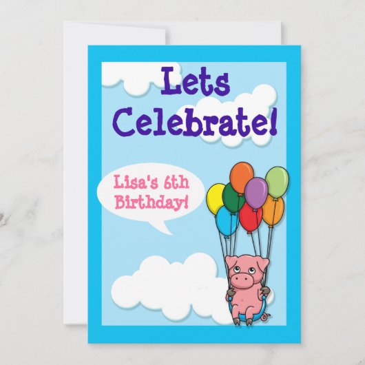 Flying Balloon Pig Children's Birthday Invite Einladung (Vorderseite)