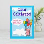 Flying Balloon Pig Children's Birthday Invite Einladung (Stehend Vorderseite)