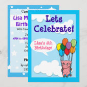 Flying Balloon Pig Children's Birthday Invite Einladung (Vorne/Hinten)