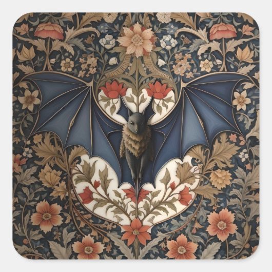 Flying Bat - Modern William Morris Floral Quadratischer Aufkleber (Vorderseite)
