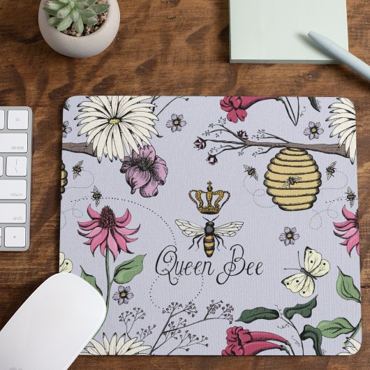 Flying Bees Queen Bee Gold Crown Floral Purple Mousepad