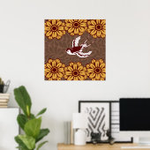 Flying Bird mit Blume Damask Muster Poster (Heimbüro)