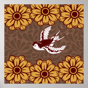 Flying Bird mit Blume Damask Muster Poster
