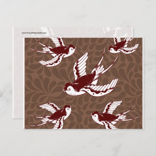Flying Birds on Brown Damask Pattern Postkarte (Vorne/Hinten)
