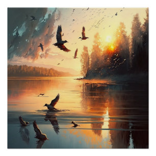 Flying Birds sunset Lake Glossy Poster