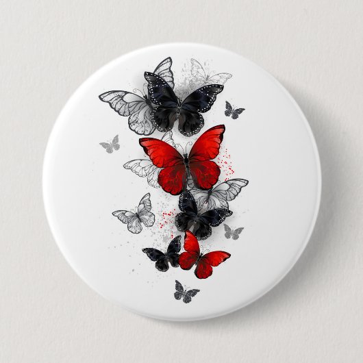 Flying Black and Red Morpho Butterfliegen Button (Vorderseite)
