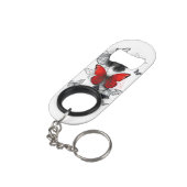 Flying Black and Red Morpho Butterfliegen Mini Flaschenöffner (Rückseite Schrägansicht)