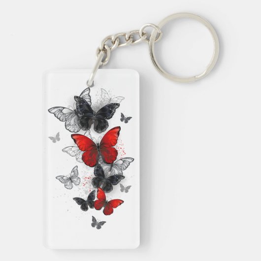 Flying Black and Red Morpho Butterfliegen Schlüsselanhänger (Rückseite)