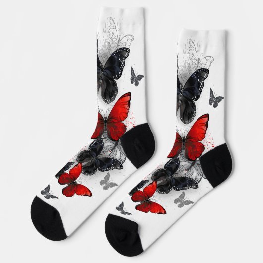 Flying Black and Red Morpho Butterfliegen Socken (Linkes Detail)