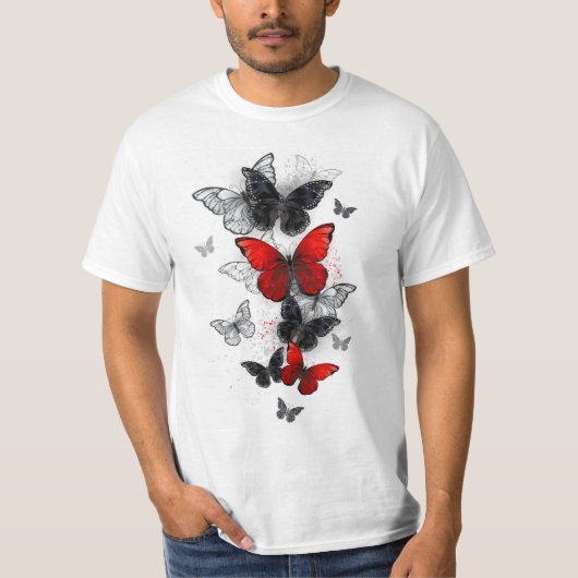 Flying Black and Red Morpho Butterfliegen T-Shirt (Vorderseite)