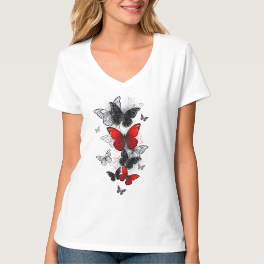 Flying Black and Red Morpho Butterfliegen T-Shirt (Vorderseite)