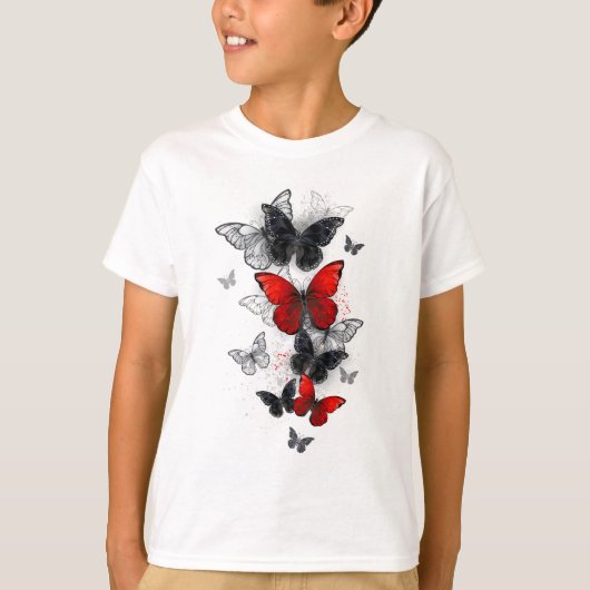 Flying Black and Red Morpho Butterfliegen T-Shirt (Vorderseite)