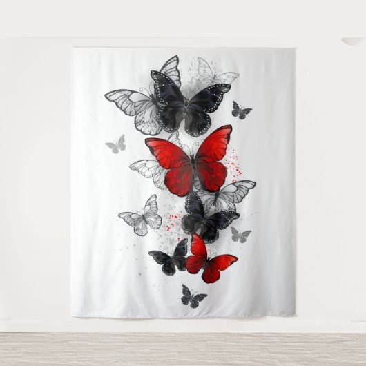 Flying Black and Red Morpho Butterfliegen Wandteppich (Vorderseite)