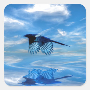 Flying Blue Magpie & Reflected Sky Quadratischer Aufkleber