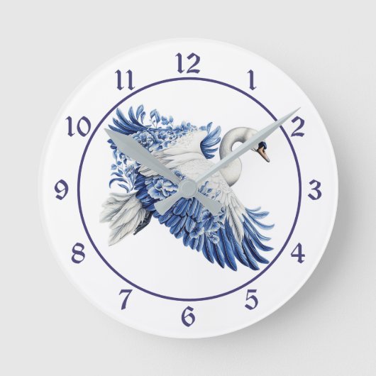 Flying Blue Swan Floral Runde Wanduhr (Vorderseite)