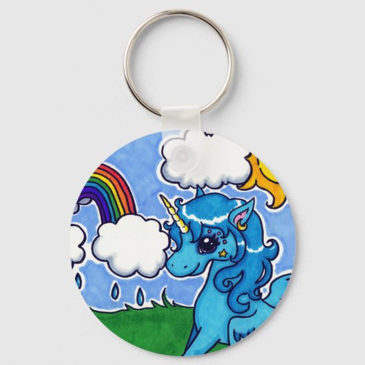 Flying Blue Unicorn mit Regenbogen Schlüsselanhänger (Vorderseite)