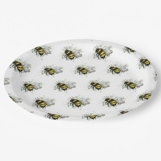 Flying Bumble BEE, Freehand Digital Drawing Insect Pappteller (Schrägansicht)