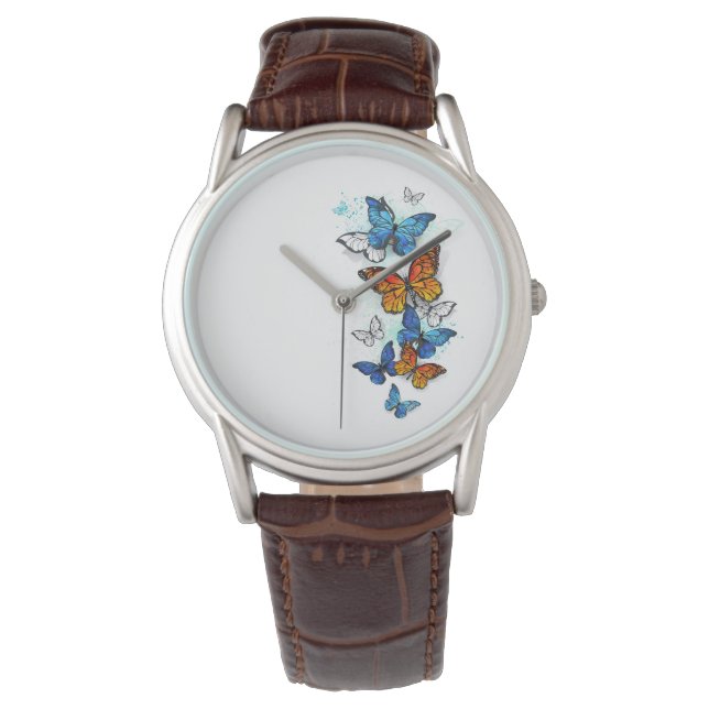 Flying Butterflies Morpho und Monarch Armbanduhr (Vorderseite)