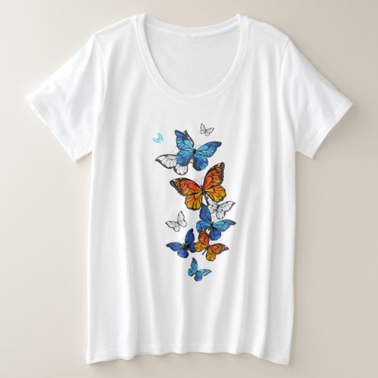 Flying Butterflies Morpho und Monarch Große Größe T-Shirt (Design vorne)