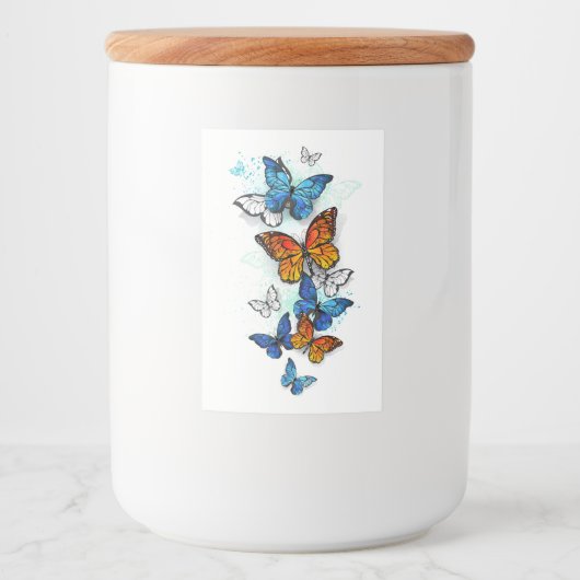 Flying Butterflies Morpho und Monarch Lebensmitteletikett (Vorderseite)