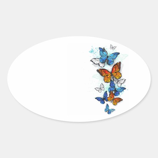 Flying Butterflies Morpho und Monarch Ovaler Aufkleber (Vorderseite)