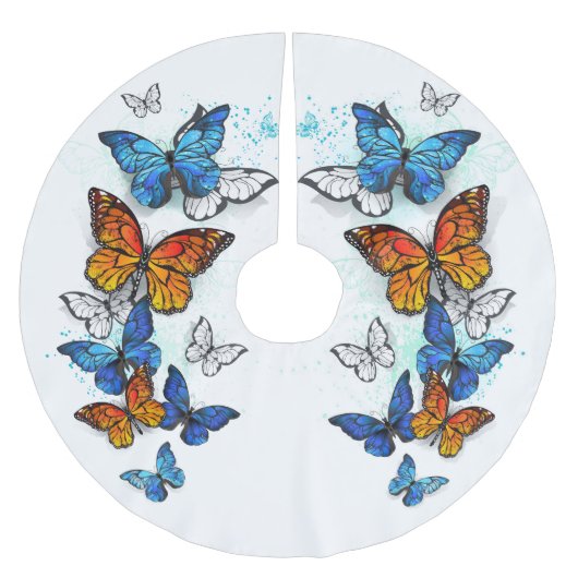 Flying Butterflies Morpho und Monarch Polyester Weihnachtsbaumdecke (Vorderseite)