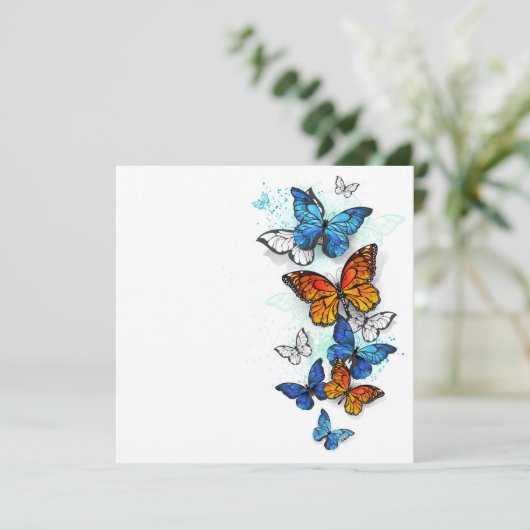 Flying Butterflies Morpho und Monarch Save The Date (Stehend Vorderseite)