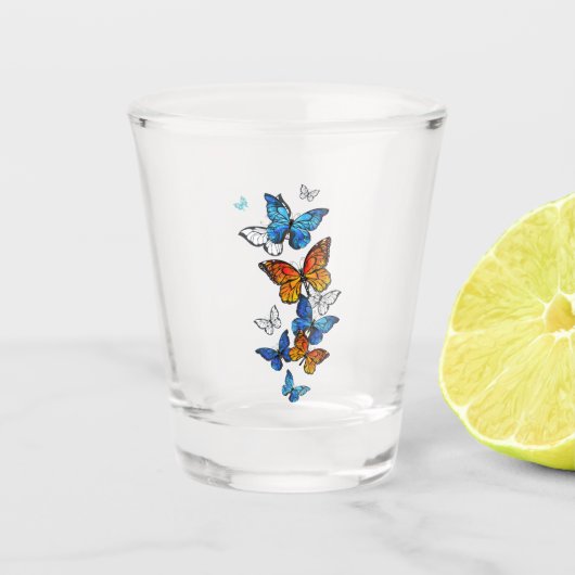 Flying Butterflies Morpho und Monarch Schnapsglas (Vorderseite)