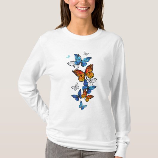 Flying Butterflies Morpho und Monarch T-Shirt (Vorderseite)