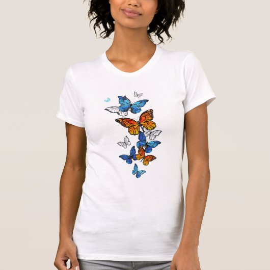 Flying Butterflies Morpho und Monarch T-Shirt (Vorderseite)