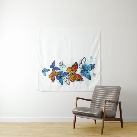 Flying Butterflies Morpho und Monarch Wandteppich (Beispiel (Horizontal))