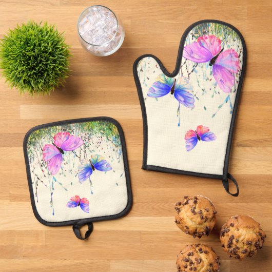 Flying Butterflies Oven Mitt & Pot Holder Set (Oben Unten)