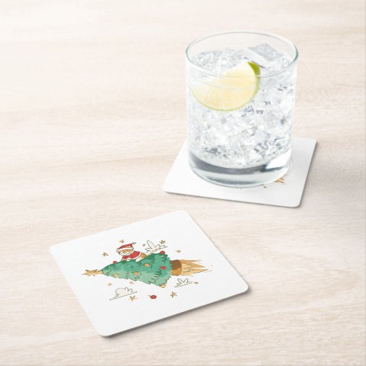 Flying Christmas Tree Santa Cat Rechteckiger Pappuntersetzer (Vor Ort)