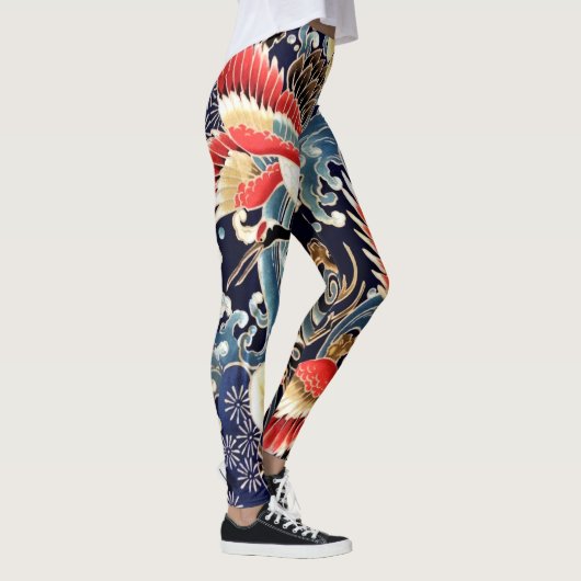 FLYING CRANES WELLEN, FRÜHSTÜCKE BLUMEN, Japanisch Leggings (Rechts)