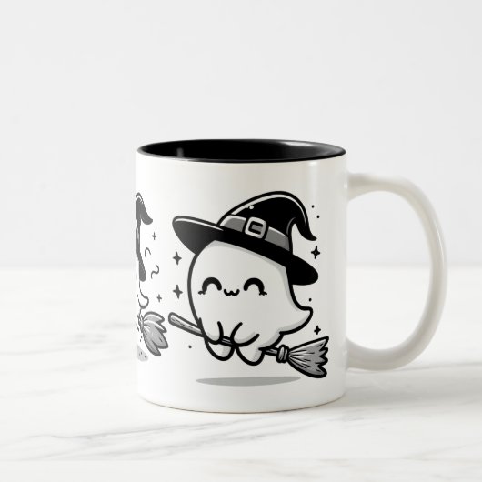 Flying Ghost Witch on Broom Halloween Mug | Double Zweifarbige Tasse (Rechts)