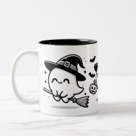 Flying Ghost Witch on Broom Halloween Mug | Double Zweifarbige Tasse