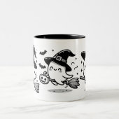 Flying Ghost Witch on Broom Halloween Mug | Double Zweifarbige Tasse (Mittel)