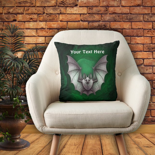 Flying Grey Bat Spooky Green Glowing Cave Kissen (Grey bat flying from spooky glowing green cave with trees on Halloween throw pillow.)