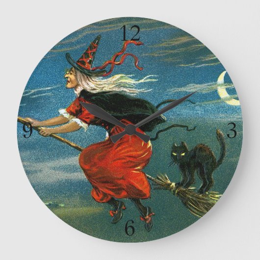 Flying Halloween Witch with Cat Große Wanduhr (Vorderseite)