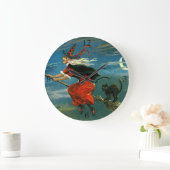 Flying Halloween Witch with Cat Große Wanduhr (Zuhause)