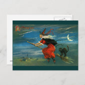 Flying Halloween Witch with Cat Postkarte (Vorne/Hinten)