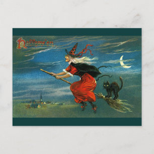 Flying Halloween Witch with Cat Postkarte