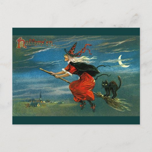 Flying Halloween Witch with Cat Postkarte (Vorderseite)