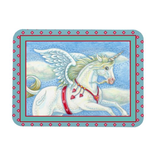 FLYING HEARS WHITE UNICORN, FANTASY PEGASUS MAGNET (Horizontal)