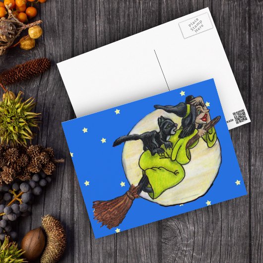Flying Hexe Cat Moon Stars Postkarte