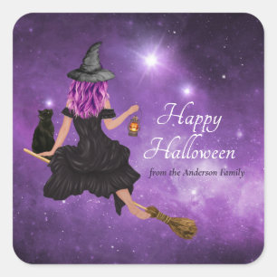 Flying Hexe Happy Halloween Personalisiert Quadratischer Aufkleber