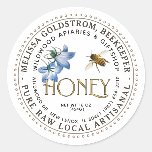 Flying Honeybee Blue Blume Artisanal Honey Runder Aufkleber (Vorderseite)